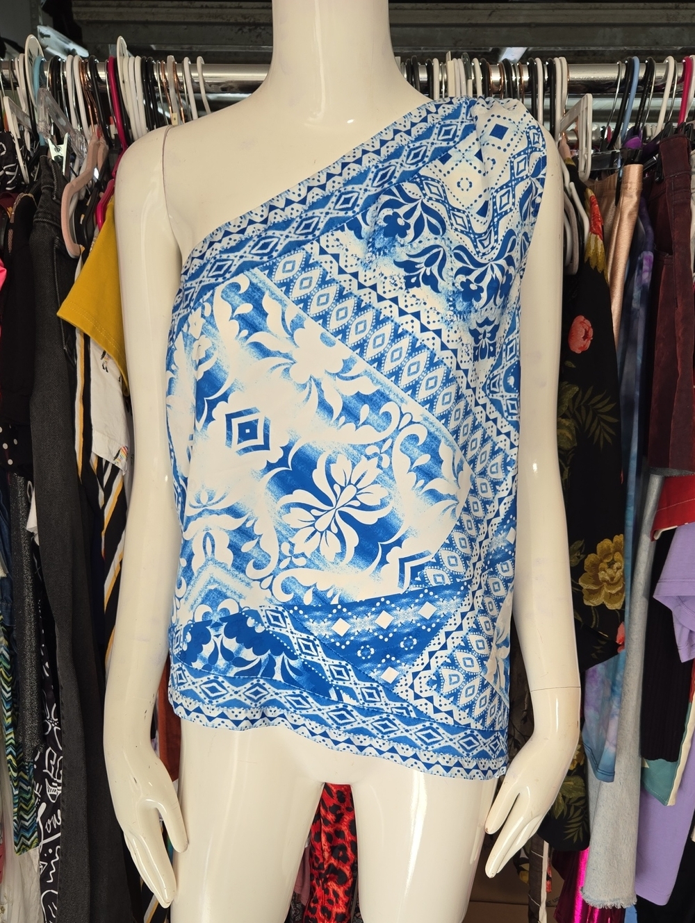 Flying Tomato Blue and White One-Shoulder Swim Coverup